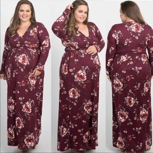 PinkBlush Burgundy Floral Plus Wrap Maxi Dress